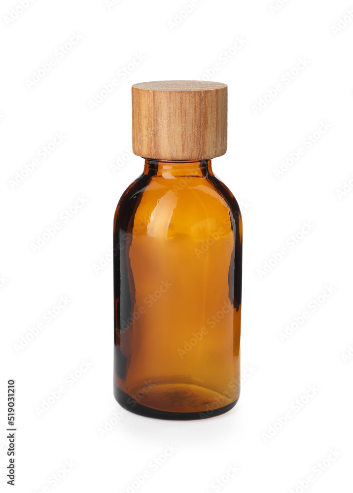 New empty glass bottle with wooden cap isolated on white New empty glass bottle with wooden cap isolated on white