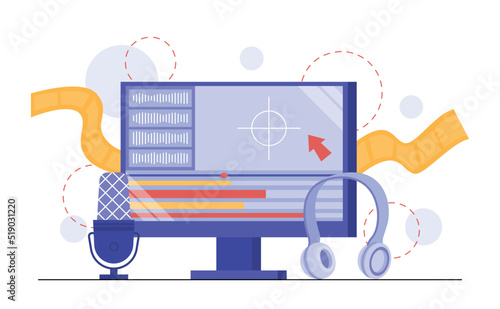 Creating motion graphic content. Processing video file using special editor. Sound recording and listening equipment. Design element with circle on computer monitor. Cartoon flat vector illustration