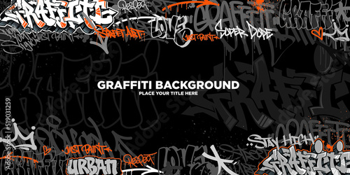 Graffiti background with throw-up and tagging hand-drawn style. Street art graffiti urban theme for prints, banners, and textiles in vector format.