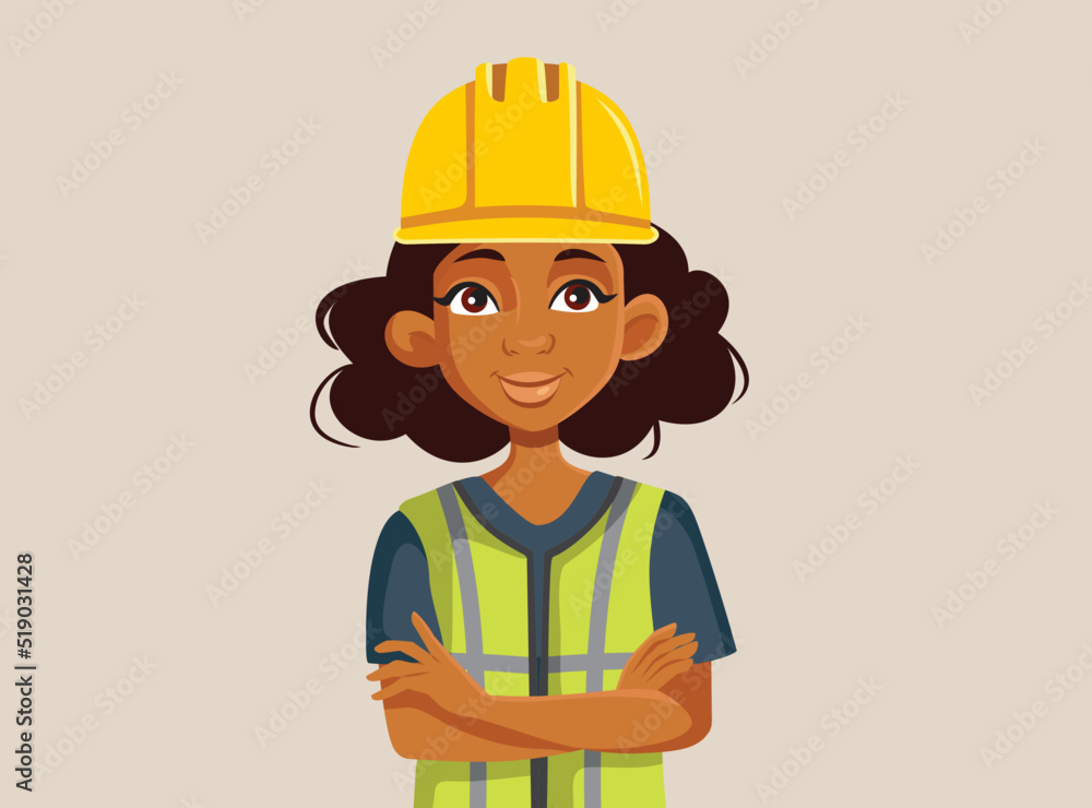 Happy Woman Wearing a Hardhat and Construction Vest Vector Illustration. Female  engineer standing smiling with confidence and optimism Stock Vector | Adobe  Stock