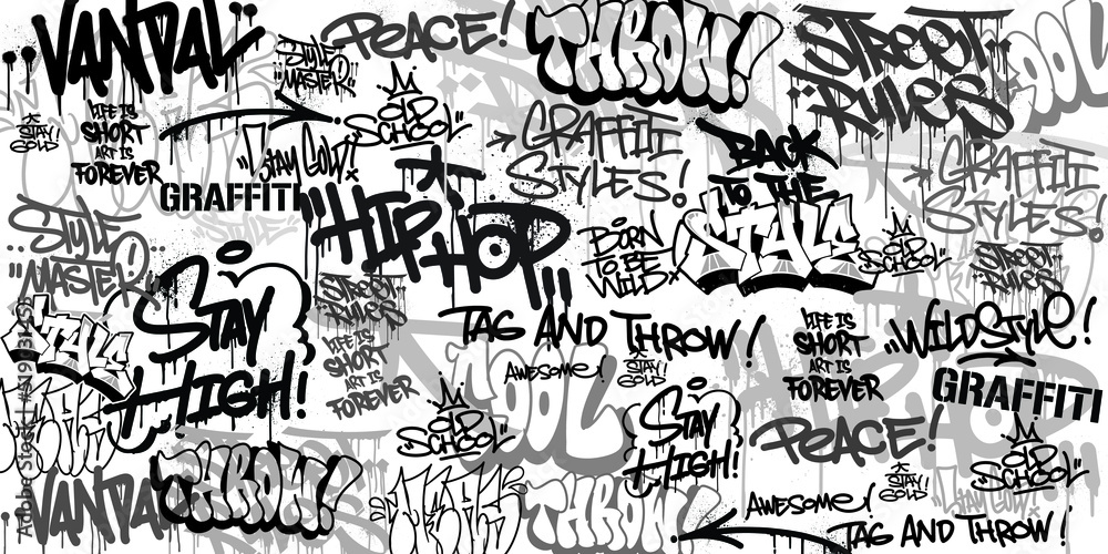Graffiti background with throw-up and tagging hand-drawn style. Street art graffiti urban theme for prints, banners, and textiles in vector format. - obrazy, fototapety, plakaty 