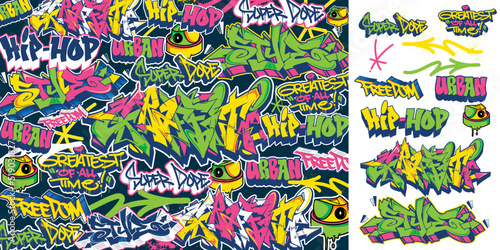 A set of colorful graffiti art sticker illustrations. Cool graffiti sticker f...