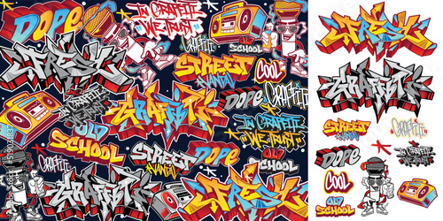 A set of colorful graffiti art sticker illustrations. Cool graffiti sticker for background, print, and textile. Street art urban theme