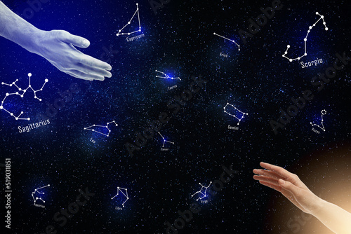 Zodiac compatibility. Man and woman reaching hands to each other and constellations in night sky with stars