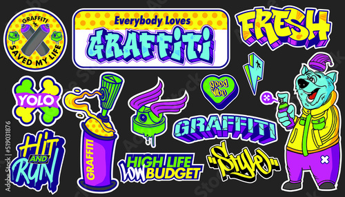 A set of colorful graffiti art sticker illustrations. Cool graffiti sticker for background  print  and textile. Street art urban theme