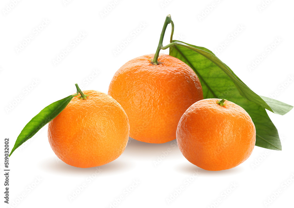 Tasty ripe tangerines and green leaves on white background Tasty ripe tangerines and green leaves on white background