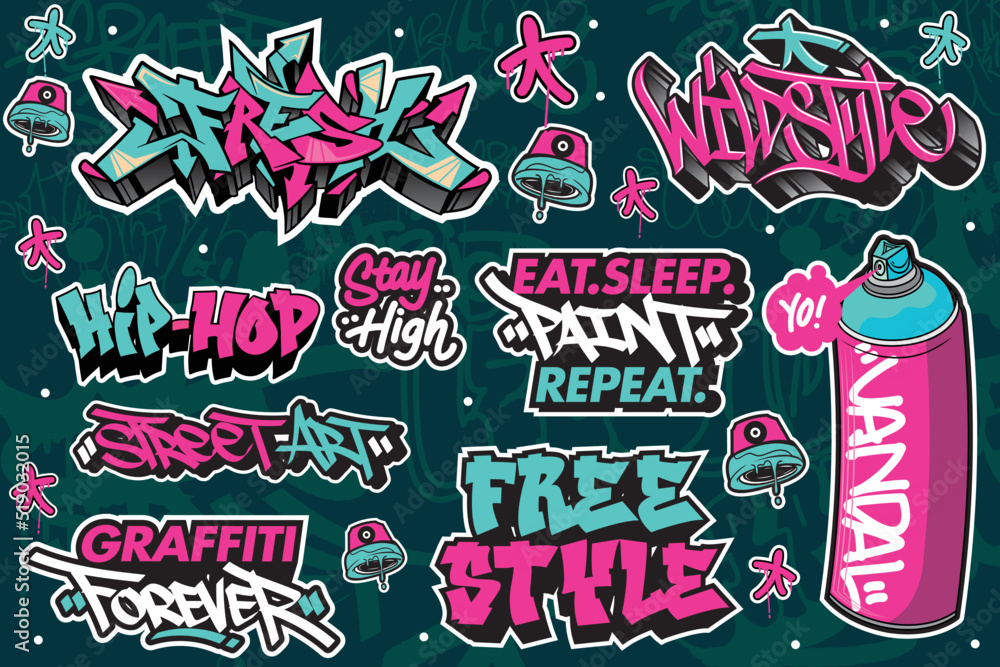A set of colorful graffiti art sticker illustrations. Cool