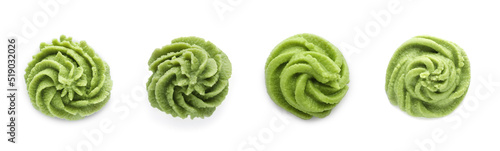 Set with spicy wasabi paste on white background, top view. Banner design