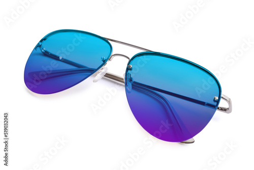 New stylish aviator sunglasses with color lenses on white background
