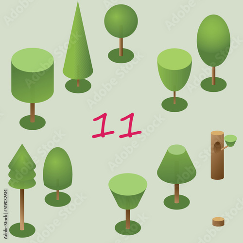 Eleven isometric trees of different types and shapes