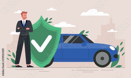 Concept of car insurance. Human insured his property against accidents or natural disasters. Man with shield sign standing by machine. Design element for web banner. Cartoon flat vector illustration