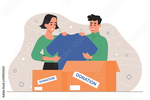 Charitable donation of clothing. Smiling guy and girl collect tshirts and put them in cardboard box. Kind volunteers help people in need and give them things. Cartoon flat vector illustration
