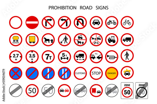 Prohibition road signs. Mark prohibited. Vector illustration. Stock image. 