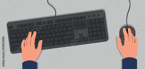 Hands on keyboard and mouse. Computer hardware and modern technology. Person uses device to work in office or at home. Design element for digital equipment store. Cartoon flat vector illustration