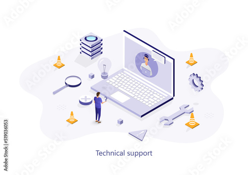 Technical support isometric landing page template. Call center worker having chat with client online. Cartoon customer helpline consultations. Hotline maintenance operator webpage design layout