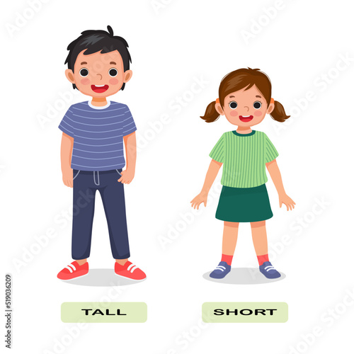 Opposite adjective antonym English words short tall illustration for kids explanation flashcard with text label