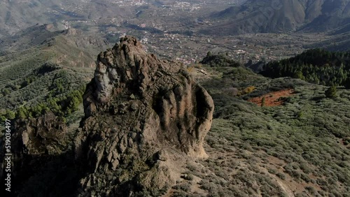 Orbit Drone Aerial View Roque Saucillo Grand Canary Island Spain. Vega de San Mateo, Gran Canaria.  photo