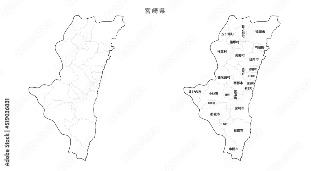 日本　白地図　宮崎県（市区町村）