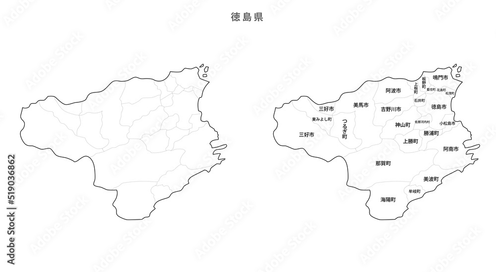 日本　白地図　徳島県（市区町村）
