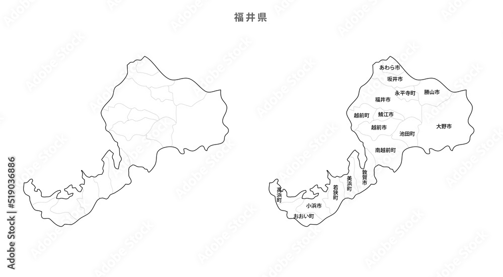 日本　白地図　福井県（市区町村）