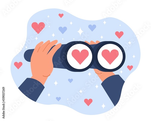 Hands hold binoculars. Search for soul mate, application or web page for dating. Heart in viewing hole of binoc. At distance love concept. Element for website design. Cartoon flat vector illustration