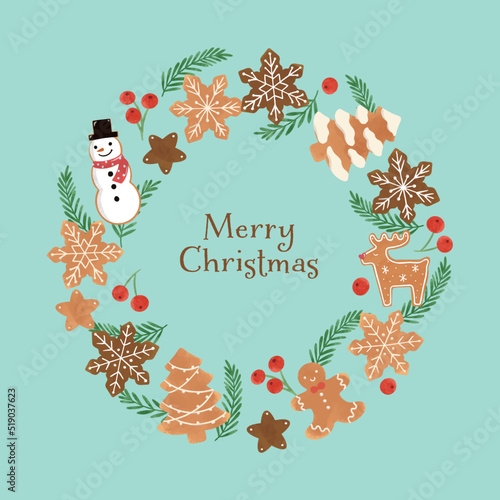 クリスマスアイテムのイラスト（リース・ミント）
