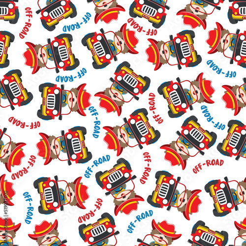 Seamless pattern vector of Cute fox cartoon having fun driving off road car go to forest. Creative vector childish background for fabric textile, nursery wallpaper, poster. and other decoration.