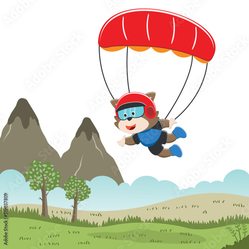 Fototapeta Naklejka Na Ścianę i Meble -  Vector illustration of a cute little fox flying with a parachute. with cartoon style. Creative vector childish background for fabric textile, nursery wallpaper, poster, card, vector illustration