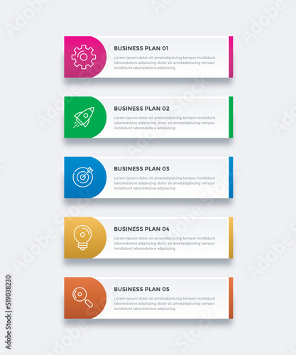Business infographic design template with icons and 5 options or steps. Can be used for workflow, presentation, etc. Vector illustration