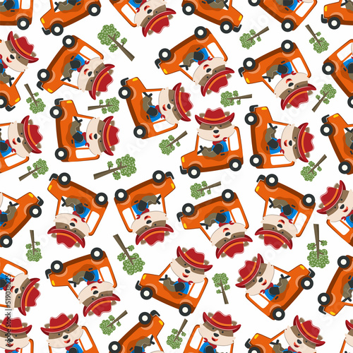 Seamless pattern of cute little FOX driving a car go to forest funny animal cartoon,vector illustration. Vector illustration. T-Shirt Design for children. Design elements for kids.