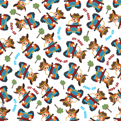 Seamless pattern vector of Cute fox cartoon having fun driving off road car go to forest. Creative vector childish background for fabric textile, nursery wallpaper, poster. and other decoration.