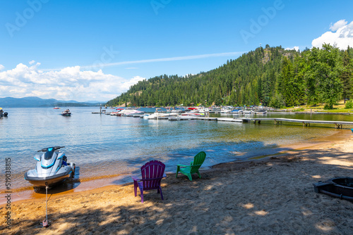 The lakefront resort with sandy beaches, vacation homes and boat slips in their marina at Cavanaugh Bay in Priest Lake, Idaho, in the north Panhandle.