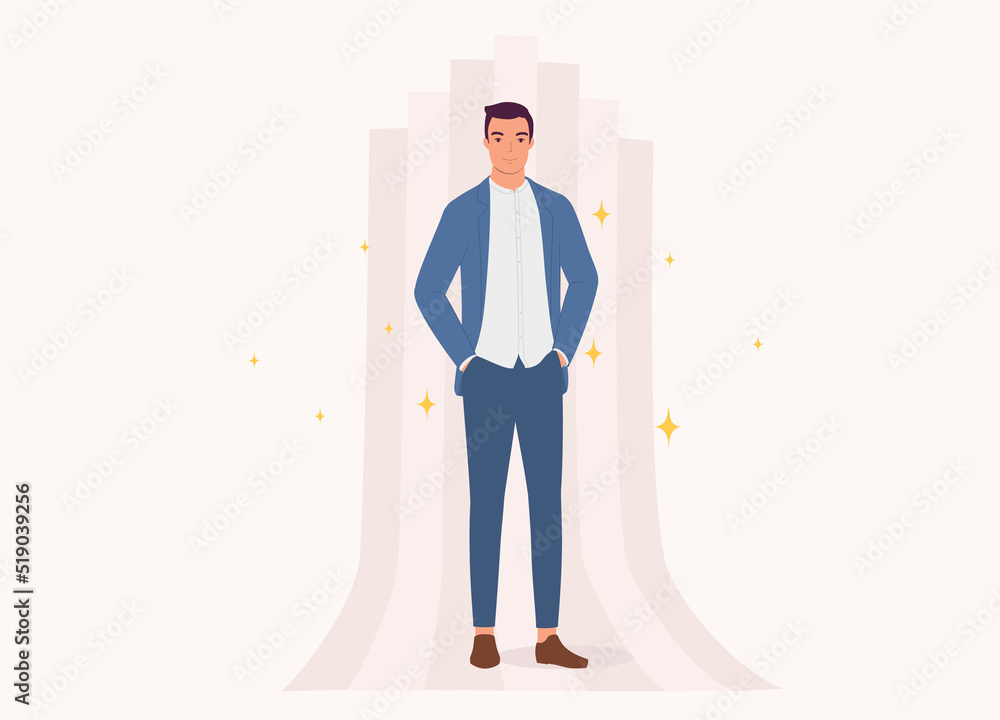 One Smiling Man In Smart Casual Standing With Both Hands In Pockets. Full Length. Flat Design Style, Character, Cartoon.