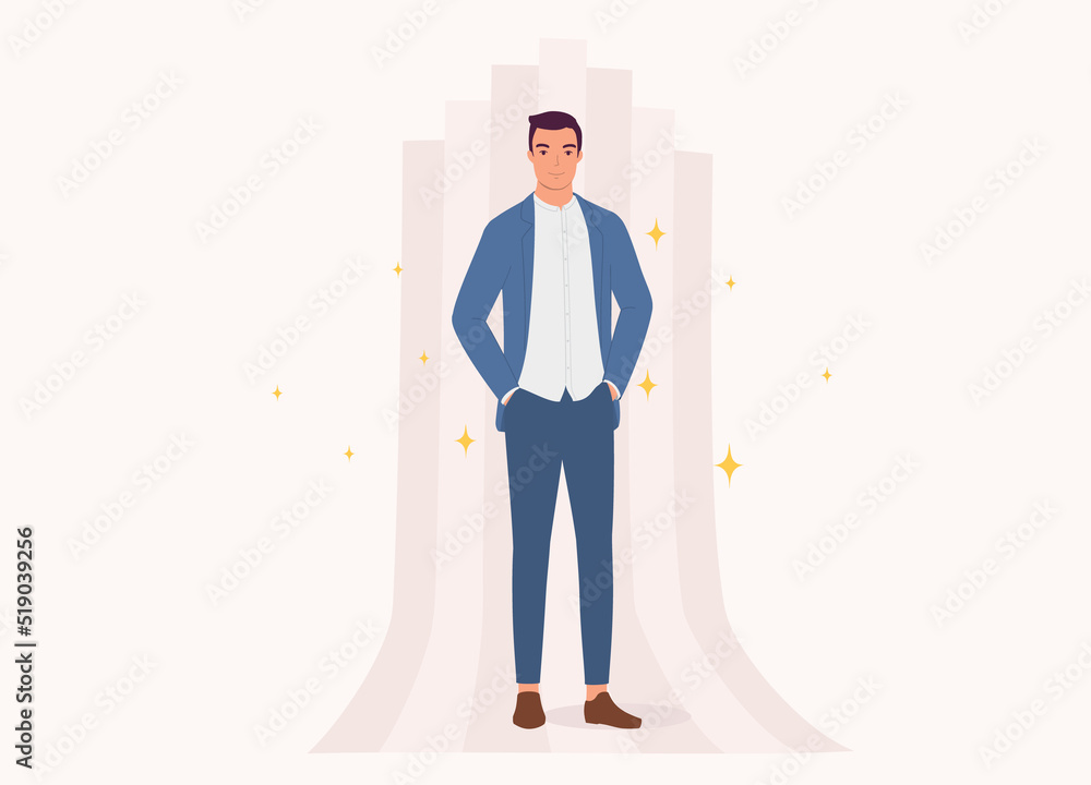 One Smiling Man In Smart Casual Standing With Both Hands In Pockets. Full Length. Flat Design Style, Character, Cartoon. One Smiling Man In Smart Casual Standing With Both Hands In Pockets. Full Length. Flat Design Style, Character, Cartoon.