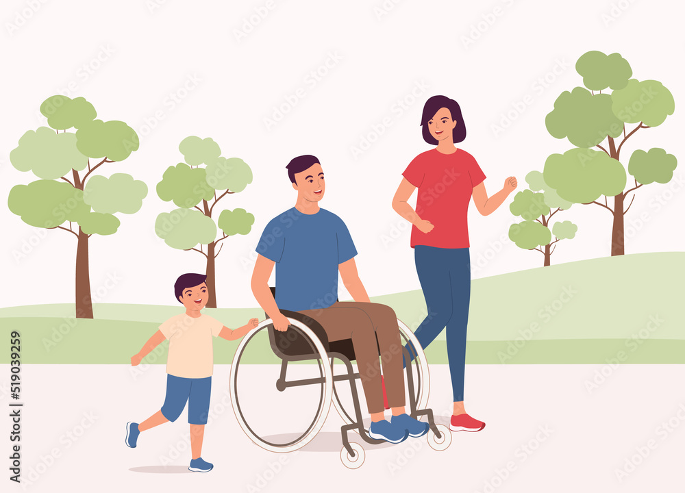 Happy Father With Wheelchair Exercising With His Wife And Son In The Park. Full Length. Flat Design Style, Character, Cartoon. Happy Father With Wheelchair Exercising With His Wife And Son In The Park. Full Length. Flat Design Style, Character, Cartoon.