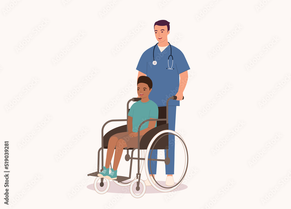 Smiling Male Nurse With Medical Scrubs Pushing Wheelchair With Disabled Black Boy. Full Length. Flat Design Style, Character, Cartoon. Smiling Male Nurse With Medical Scrubs Pushing Wheelchair With Disabled Black Boy. Full Length. Flat Design Style, Character, Cartoon.
