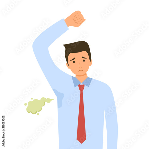 Terrible smell armpit concept vector illustration on white background. Businessman has bad smell and sweaty underarm. Bad body odor problem.