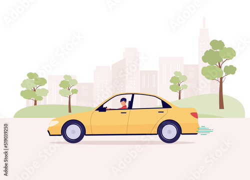 One Man Driving A Yellow Car On Road At The City. Full Length. Flat Design Style  Character  Cartoon.