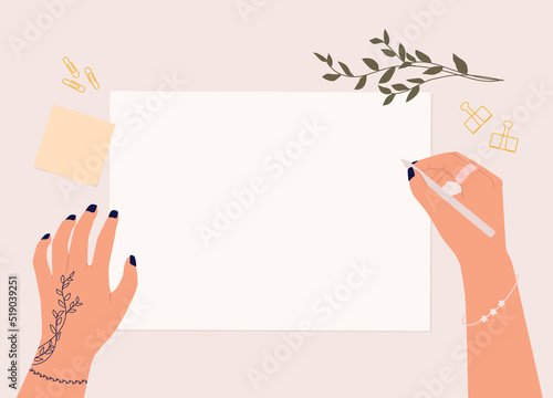 Young Female’s Hand With Tattoo And Black Color Nail Polish Writing With Pen On A Piece Of Empty White Paper. Close-Up. Flat Design Style, Character, Cartoon.