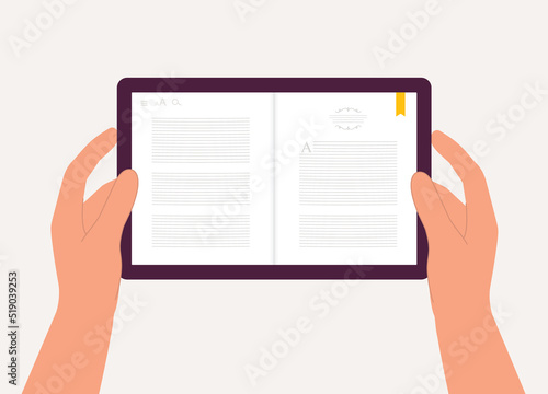 Human’s Hand Holding Digital Tablet With eBook Page Showing On Screen. Close-Up. Flat Design Style, Character, Cartoon.
