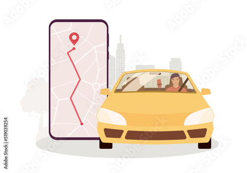 One Smiling Male Driver Driving A Yellow Car. Mobile Phone With Map Showing On Screen. Full Length. Flat Design Style, Character, Cartoon.