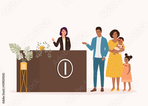 Smiling Female Receptionist And Black Family At Information Counter. Full Length. Flat Design Style, Character, Cartoon. 