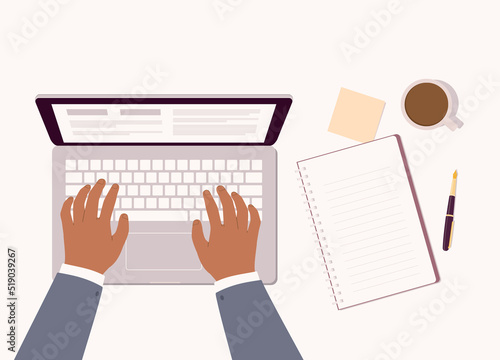 One Black Male’s Hand Typing On Laptop Keyboard With Stationary Items And Coffee Laying On Table Top. Close-Up. Character, Cartoon.