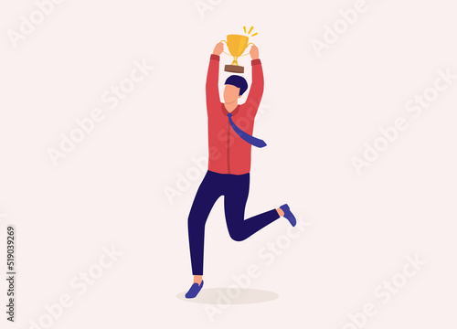 One Businessman Holding Up A Golden Trophy Cup While Running. Full Length. Flat Design Style, Character, Cartoon.