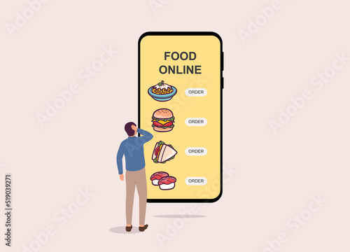 One Undecided Man Standing In Front Of Food Online Ordering Mobile App. Full Length. Flat Design Style, Character, Cartoon.