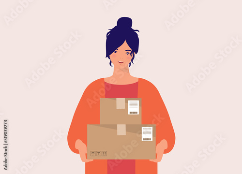 One Smiling Young Woman Holding A Parcel Delivery Box With Labels And Sealed With Tape. Half Length. Character, Cartoon.