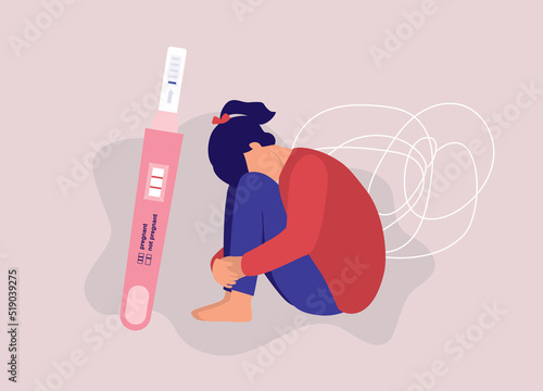One Sad Teenage Girl With Hugging Knees And Head Down Got A Positive Result In Pregnancy Test. Pregnancy Self-Test Kit With Two Stripes. Full Length. Flat Design Style, Character, Cartoon.
