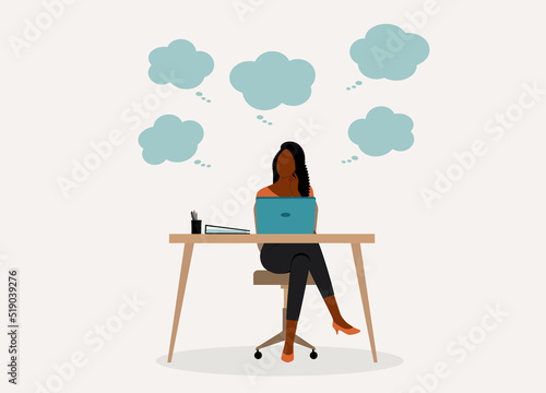 One Black Businesswoman Thinking With Empty Thought Bubbles. Full Length. Flat Design Style, Character, Cartoon.