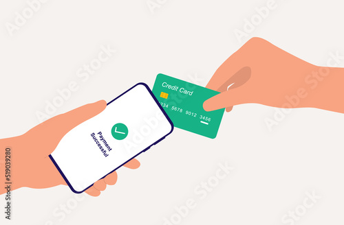 A Customer Made Successful Payment Using Credit Card With Tap To Pay On Merchant Mobile Phone. Close-Up. Flat Design Style, Character, Cartoon.