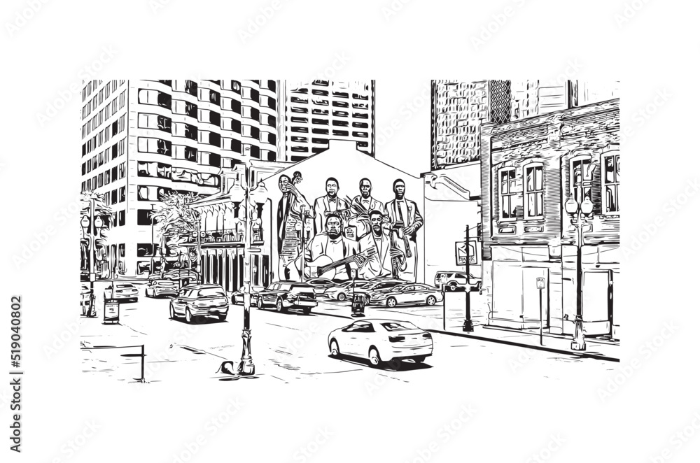 Building view with landmark of New Orleans is the
city in Louisiana. Hand drawn sketch illustration in vector.